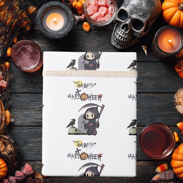 Spooky Grim Reaper Graveyard Crow Gothic Halloween Wrapping Paper (Creator Uploaded)