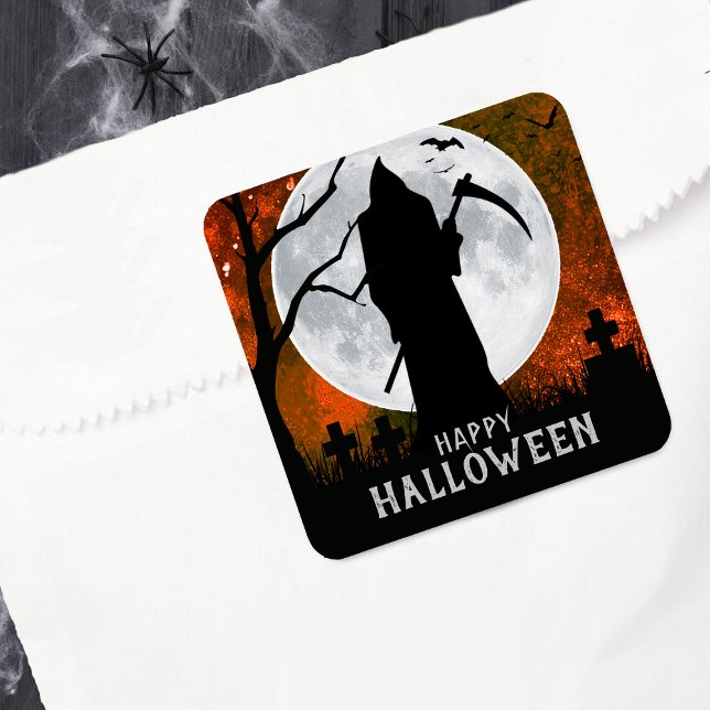 Spooky Grim Reaper Graveyard Halloween Party Square Sticker (Creator Uploaded)