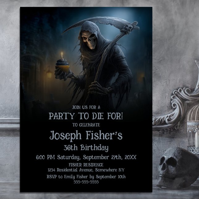 Spooky Grim Reaper with Cupcake Birthday Party Invitation (Creator Uploaded)
