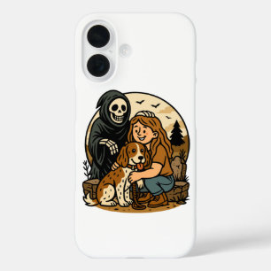 Spooky Grim Reaper with Girl and Dog Skeleton Art  iPhone 16 Case