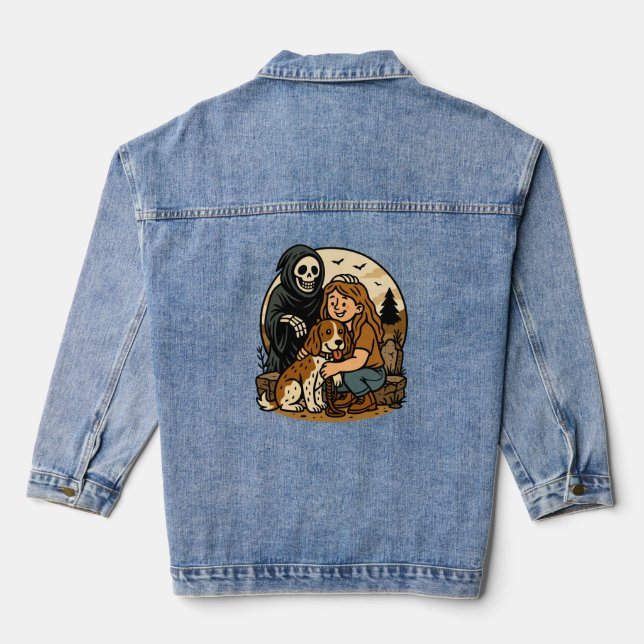 Spooky Grim Reaper with Girl and Dog Skeleton Art  Denim Jacket (Back)