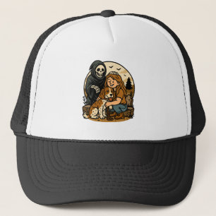 Spooky Grim Reaper with Girl and Dog Skeleton Art Trucker Hat