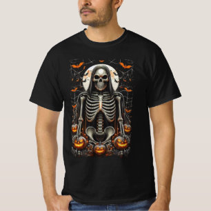 Spooky Grim Skeleton & Glowing Pumpkins Halloween T-Shirt