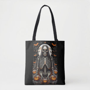 Spooky Grim Skeleton & Glowing Pumpkins Halloween Tote Bag