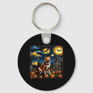 Spooky Halloween Akita Dog Starry Night Key Ring