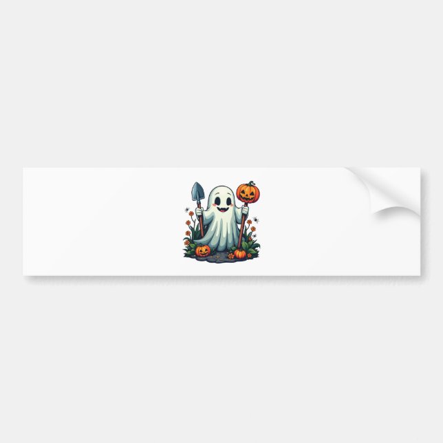 Spooky Halloween Autumn Gardening Ghost Pumpkin Bumper Sticker (Front)