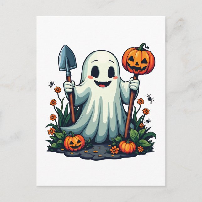 Spooky Halloween Autumn Gardening Ghost Pumpkin Postcard (Front)