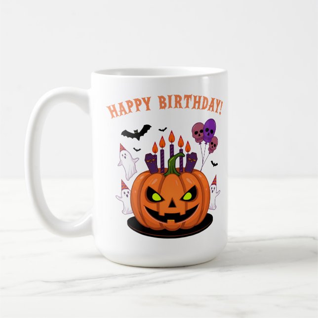 Spooky Halloween B-day Pumpkin Cake & Ghosts Coffee Mug (Left)