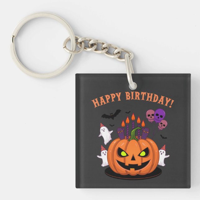 Spooky Halloween B-day Pumpkin Cake & Ghosts Key Ring (Front)