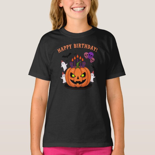 Spooky Halloween B-day Pumpkin Cake & Ghosts T-Shirt (Front)