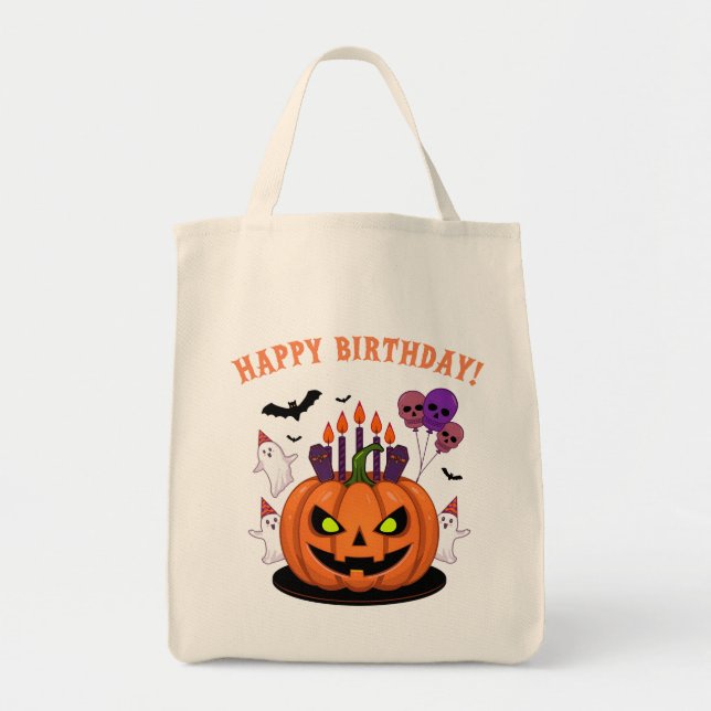Spooky Halloween B-day Pumpkin Cake & Ghosts Tote Bag (Front)