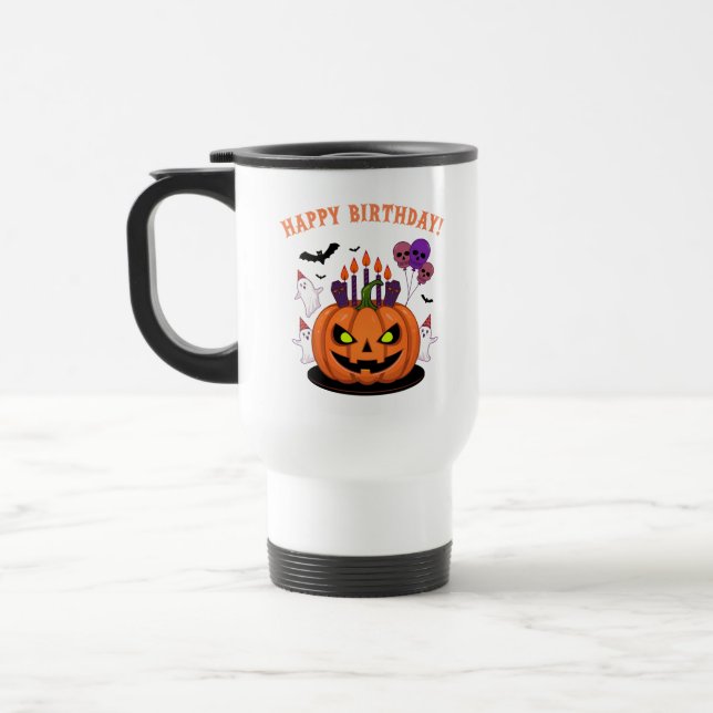 Spooky Halloween B-day Pumpkin Cake & Ghosts Travel Mug (Left)