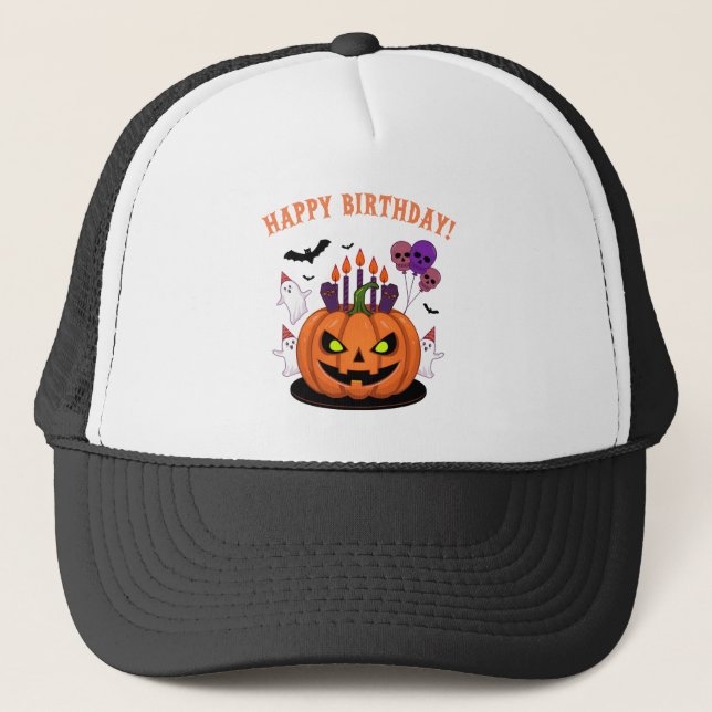 Spooky Halloween B-day Pumpkin Cake & Ghosts Trucker Hat (Front)