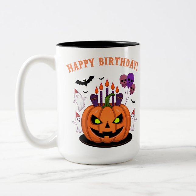 Spooky Halloween B-day Pumpkin Cake & Ghosts Two-Tone Coffee Mug (Left)