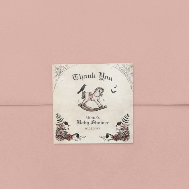 Spooky Halloween Baby Shower Thank You Square Sticker (Gothic Chic Baby Shower Thank You Sticker. Old Rocking Horse, Pink Roses, Spiderwebs, Bats, Raven.)