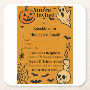 Spooky Halloween Bash Invite Ghosts & Games Square Paper Coaster