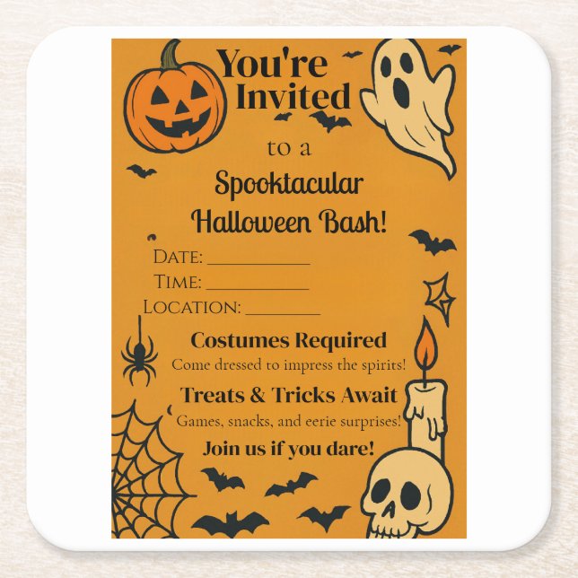Spooky Halloween Bash Invite | Ghosts & Games Square Paper Coaster (Front)