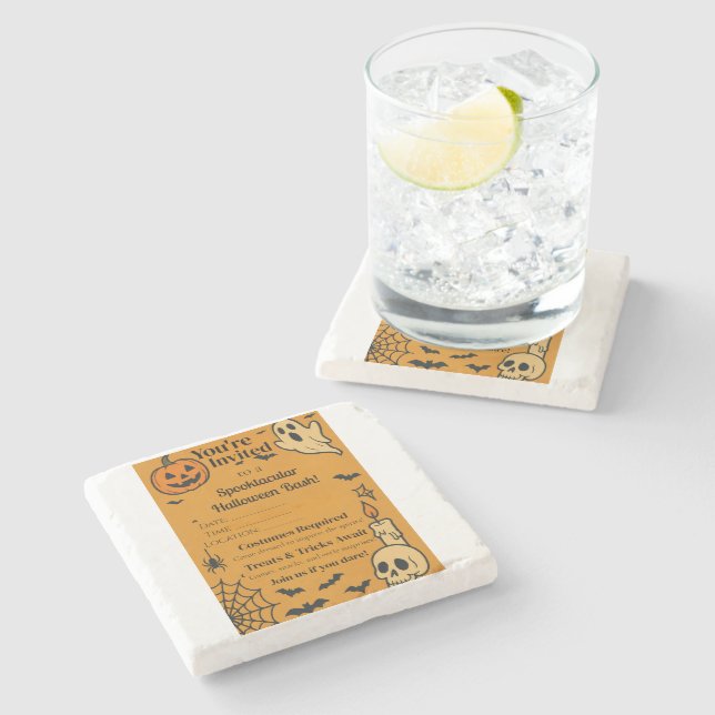 Spooky Halloween Bash Invite | Ghosts & Games Stone Coaster (Side)