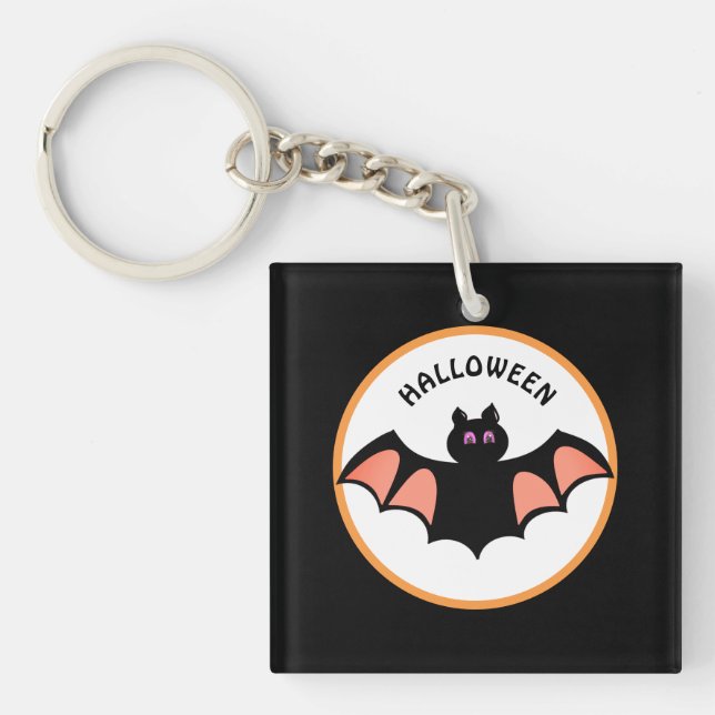 Spooky Halloween Bat on Black & White Key Ring (Front)