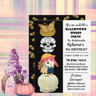 Spooky Halloween Birthday Girl Gold Pumpkins Party Invitation