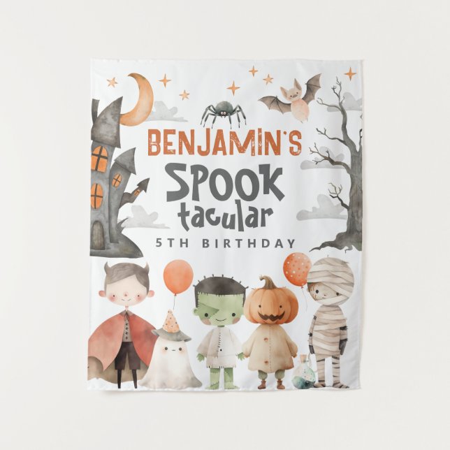 Spooky Halloween Birthday Party Backdrop Tapestry (Front)