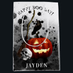 Spooky Halloween Birthday Pumpkin Crow Skull  Medium Gift Bag<br><div class="desc">This spooky Halloween gift bag is perfect for a Halloween birthday party. This gift bag for Halloween birthday party features black splotched ink background with a jack o'lantern,  human skull,  black crow,  and a witches broom. Personalise with the name of your choice.</div>