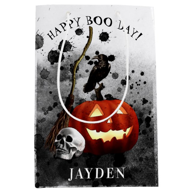 Spooky Halloween Birthday Pumpkin Crow Skull  Medium Gift Bag (Front)
