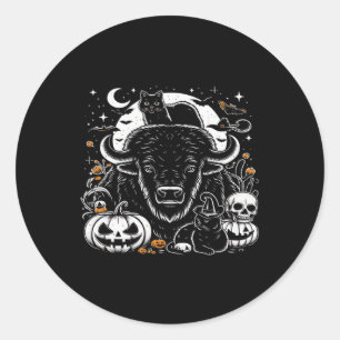Spooky Halloween Bison Pumpkin Buffalo Cat Funny G Classic Round Sticker