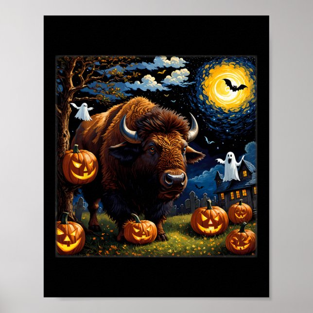 Spooky Halloween Bison Starry Night  Poster (Front)