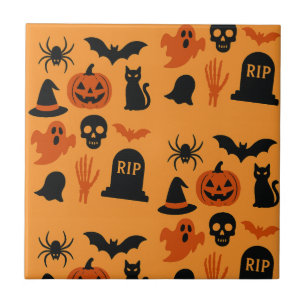 Spooky Halloween Black Orange Ceramic Tile Trick