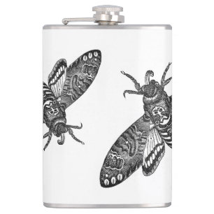Spooky Halloween Black White Vintage Skull Moth Hip Flask