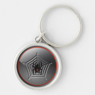 Spooky Halloween Black Widow Spider on a Web Key Ring