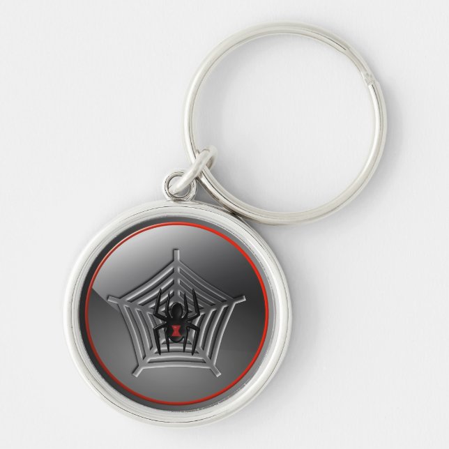 Spooky Halloween Black Widow Spider on a Web Key Ring (Front)