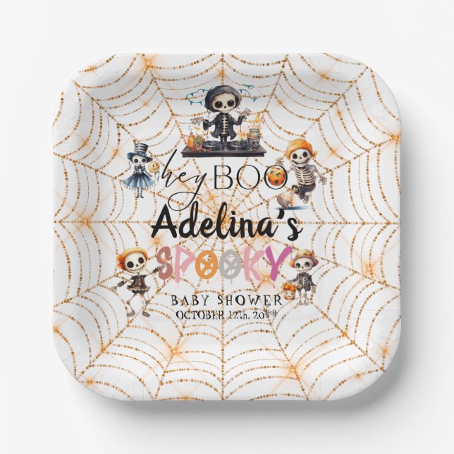 Spooky Halloween Boo Skeletons Costume Baby Shower Paper Plate (Front)