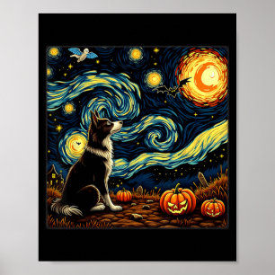 Spooky Halloween Border Collie Dog Starry Night Poster