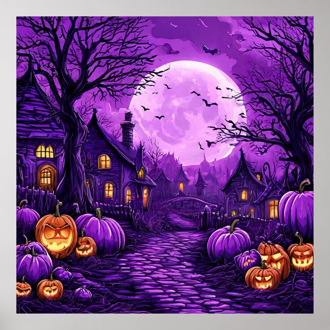 Spooky Halloween Castle Bats Pumpkins Night Poster (Front)