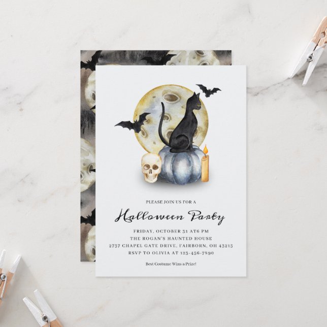 Spooky Halloween Cat Pumpkin Party Invitation (Front/Back In Situ)