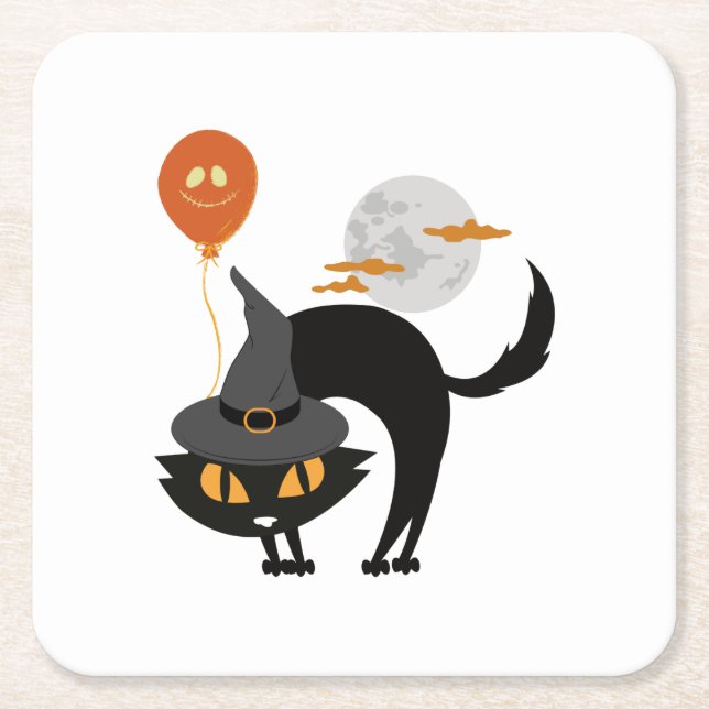 Spooky Halloween Cat           Square Paper Coaster (Front)