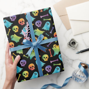 Spooky Halloween Colourful Skulls Bones Cute Ghost Wrapping Paper