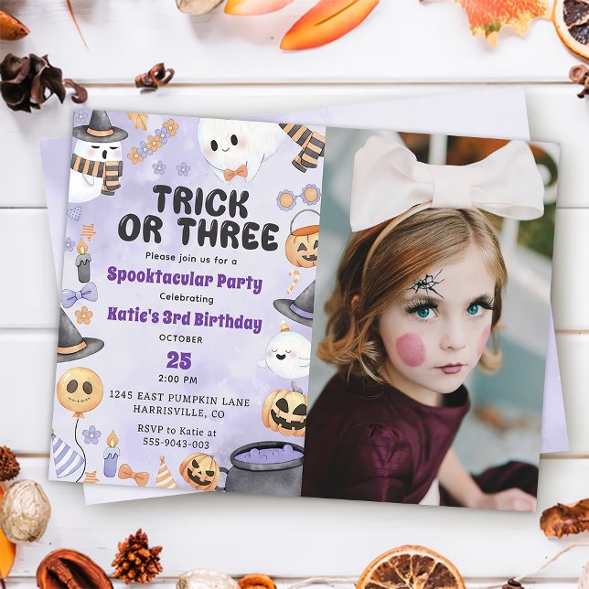Spooky Halloween Cute Ghost 3rd Birthday Photo Invitation (Creator Uploaded)