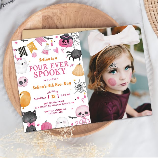  Spooky Halloween Cute Ghost 4th Birthday Photo Invitation (Creator Uploaded)