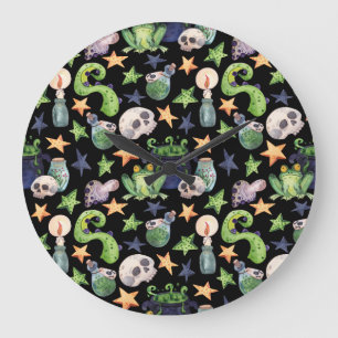 Spooky Halloween: Dark Hand-Drawn Pattern. Large Clock