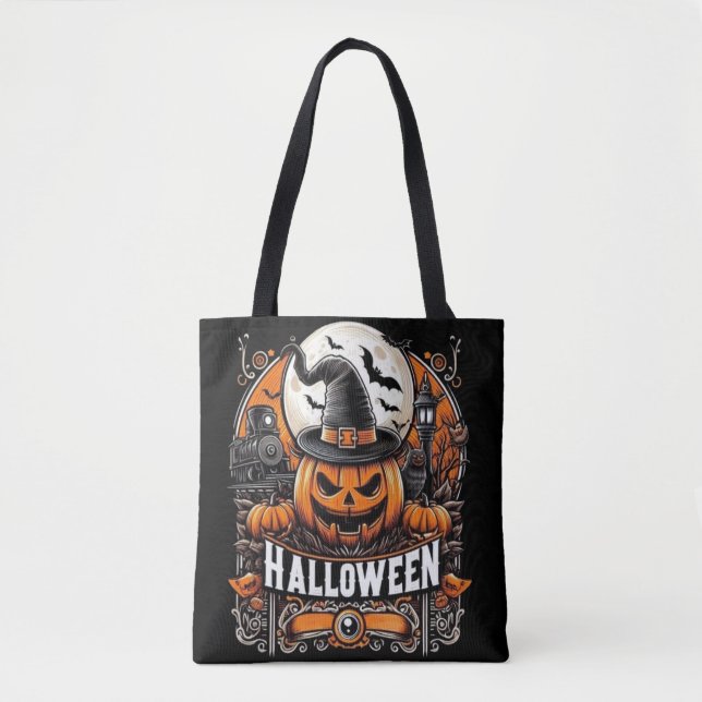 Spooky Halloween Express & Jack-O'-Lantern Witch Tote Bag (Front)