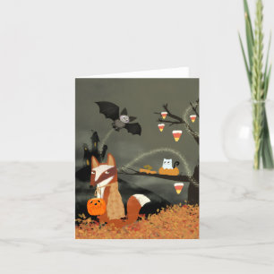 Spooky Halloween Fox and Bat BLANK Greeting Card