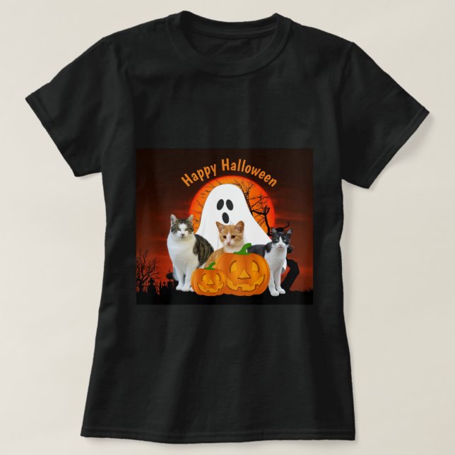 Spooky Halloween Ghost and Cats in Graveyard T-Shirt (Design Front)