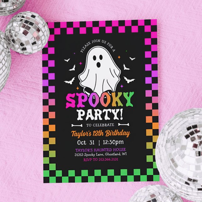 Spooky Halloween Ghost Birthday Retro  Invitation (Retro Neon Halloween Birthday Invitation)