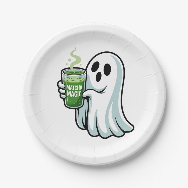 Spooky Halloween Ghost Drinking Matcha Drink  Paper Plate (Front)