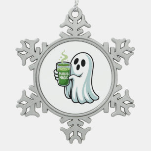 Spooky Halloween Ghost Drinking Matcha Drink  Snowflake Pewter Christmas Ornament