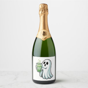 Spooky Halloween Ghost Drinking Matcha Drink  Sparkling Wine Label