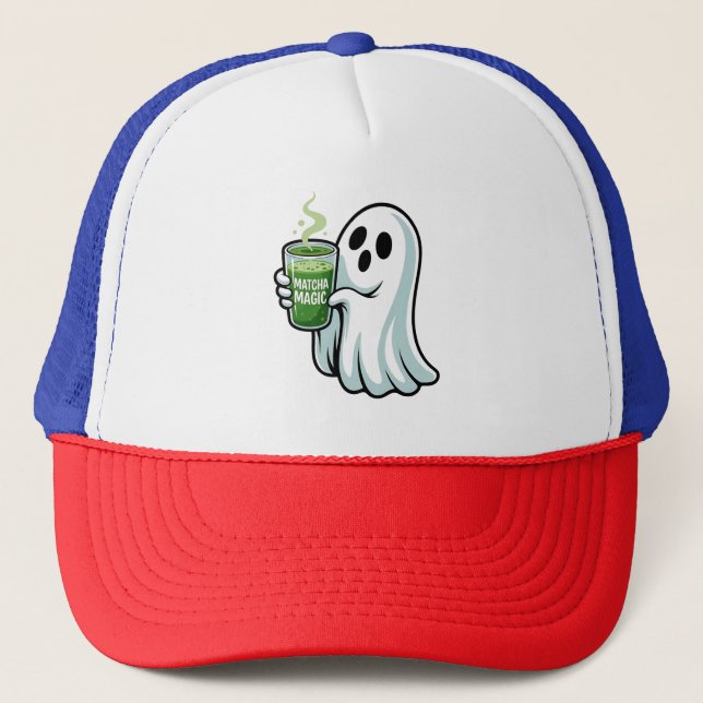Spooky Halloween Ghost Drinking Matcha Drink  Trucker Hat (Front)